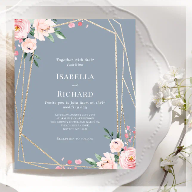 Dusty Blue And Blush Pink Floral Wedding Invitation Zazzle