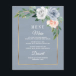 Dusty Blue Blush Pink Floral Wedding Menu Cards<br><div class="desc">Dusty Blue Blush Pink Floral Wedding Menu Cards - feature a watercolor dusty blue background with a gold frame trimmed in eucalyptus and greenery with floral elements in gray/white,  dusty blue and blush pink/peach. View the matching collection on this page to find matching products</div>