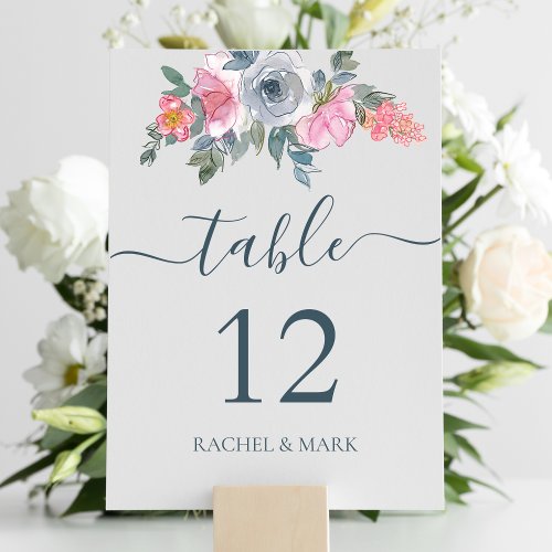 Dusty Blue Blush Pink Floral Wedding  Table Number