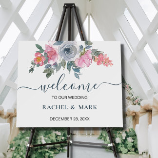 Dusty Blue Blush Pink Floral Wedding Welcome Sign