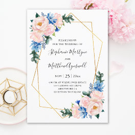 Dusty Blue Blush Pink Geometric Floral Wedding Invitation