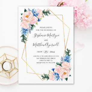 Dusty Blue Blush Pink Geometric Floral Wedding Invitation