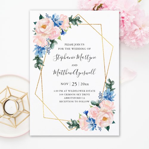 Dusty Blue Blush Pink Geometric Floral Wedding Invitation