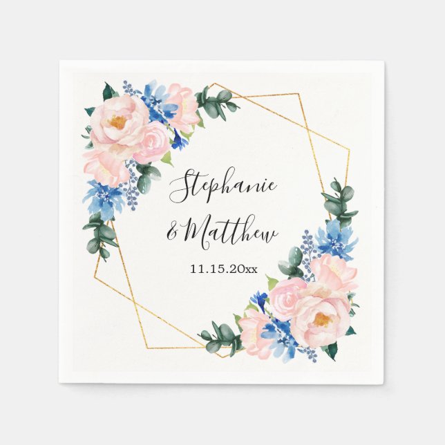 Dusty Blue Blush Pink Geometric Floral Wedding Napkins (Front)