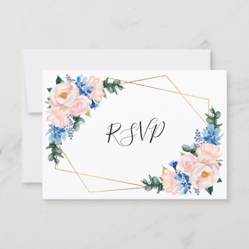 Dusty Blue Blush Pink Geometric Floral Wedding RSVP Card