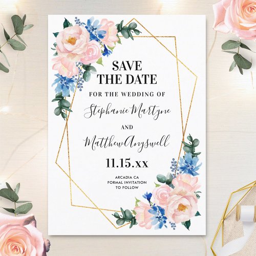 Dusty Blue Blush Pink Geometric Floral Wedding Save The Date