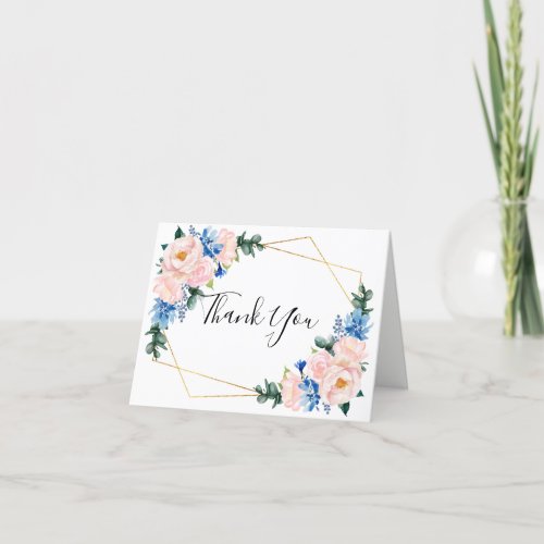 Dusty Blue Blush Pink Geometric Floral Wedding Thank You Card