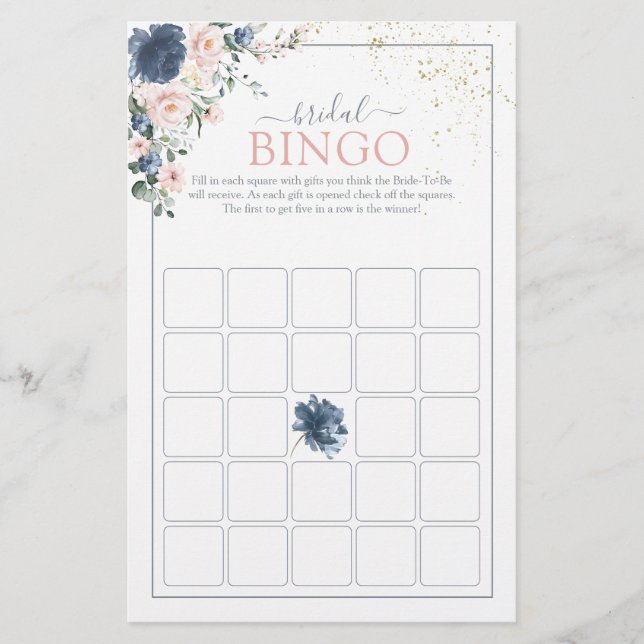 Dusty Blue Blush Pink Gold Bridal Bingo Game (Front)