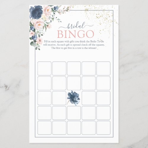 Dusty Blue Blush Pink Gold Bridal Bingo Game - Modern, elegant bridal shower game "bridal bingo" featuring trendy dusty blue and blush pink greenery watercolor florals, hand lettered script typography and faux gold dust. print as is or personalize your game questions. Part of a collection suite. Veiw suite here: https://www.zazzle.com/collections/light_dusty_blue_blush_pink_gold_wedding_suite-119156539216388938 Copyright Anaastasi Surridge for Elegant Invites, all rights reserved.