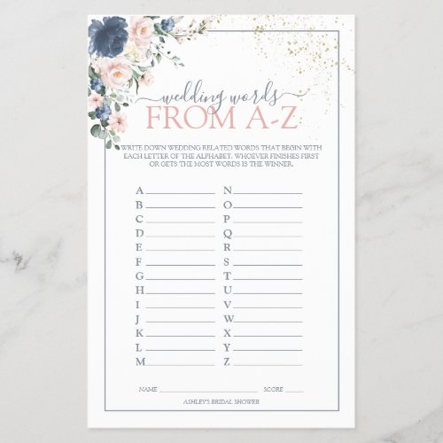 Dusty Blue Blush Pink Gold Bridal Shower Game - Modern, elegant bridal shower game "wedding words from A-Z" featuring trendy dusty blue and blush pink greenery watercolor florals, hand lettered script typography and faux gold dust. print as is or personalize your game questions. Part of a collection suite. Veiw suite here: https://www.zazzle.com/collections/light_dusty_blue_blush_pink_gold_wedding_suite-119156539216388938 Copyright Anaastasi Surridge for Elegant Invites, all rights reserved.