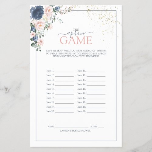 Dusty Blue Blush Pink Gold Bridal Shower Game - Modern, elegant bridal shower game "The Apron Game" featuring trendy dusty blue and blush pink greenery watercolor florals, hand lettered script typography and faux gold dust. print as is or personalize your game questions. Part of a collection suite. Veiw suite here: https://www.zazzle.com/collections/light_dusty_blue_blush_pink_gold_wedding_suite-119156539216388938 Copyright Anaastasi Surridge for Elegant Invites, all rights reserved.