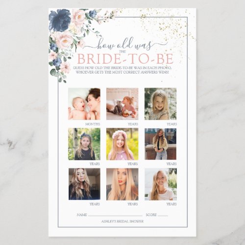 Dusty Blue Blush Pink Gold Bridal Shower Game - Modern, elegant bridal shower game "how old as the bride-to-be" featuring trendy dusty blue and blush pink greenery watercolor florals, hand lettered script typography and faux gold dust. print as is or personalize your game questions. Part of a collection suite. Veiw suite here: https://www.zazzle.com/collections/light_dusty_blue_blush_pink_gold_wedding_suite-119156539216388938 Copyright Anaastasi Surridge for Elegant Invites, all rights reserved.