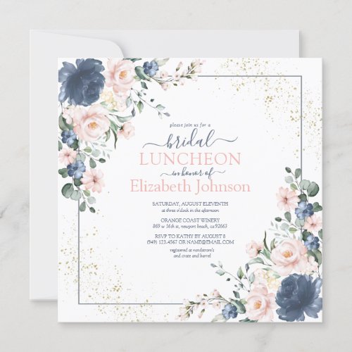 Dusty Blue Blush Pink Gold Floral Bridal Luncheon Invitation - So pretty!!! Create the perfect bridal luncheon invitation with this trendy dusty blue and blush pink greenery watercolor floral design, featuring hand lettered script typography and faux gold dust. Copyright Elegant Invites, all rights reserved.