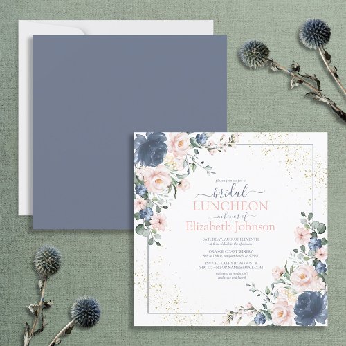 Dusty Blue Blush Pink Gold Floral Bridal Luncheon Invitation