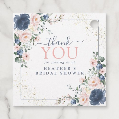 Dusty Blue Blush Pink Gold Floral Bridal Shower Favor Tags - Pretty and elegant, this bridal shower thank you tag is part of a matching set, featuring dusty blue and blush pink watercolor florals, hand lettered script typography and faux gold dust.. Part of a coordinated suite. See full collection here: https://www.zazzle.com/collections/light_dusty_blue_blush_pink_gold_bridal_shower-119382468673252777 Contact designer for additional products. Copyright Elegant Invites, all rights reserved.