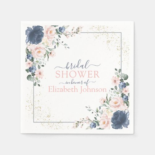 Dusty Blue Blush Pink Gold Floral Bridal Shower Napkins