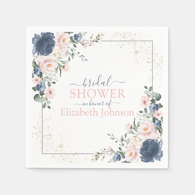 Dusty Blue Blush Pink Gold Floral Bridal Shower Napkins (Front)