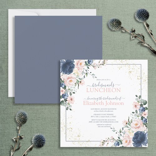 Dusty Blue Blush Pink Gold Floral Bridesmaid Lunch Invitation