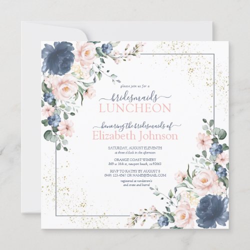 Dusty Blue Blush Pink Gold Floral Bridesmaid Lunch Invitation - So pretty!!! Create the perfect bridesmaids luncheon invitation with this trendy dusty blue and blush pink greenery watercolor floral design, featuring hand lettered script typography and faux gold dust. Copyright Elegant Invites, all rights reserved.