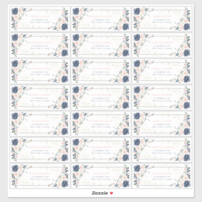 Dusty Blue Blush Pink Gold Floral Guest Address Sticker (Sheet)