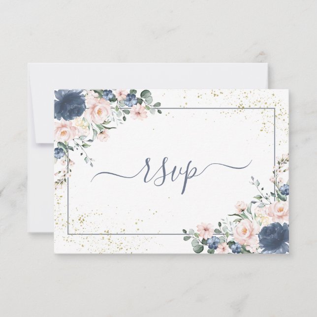 Dusty Blue Blush Pink Gold Floral No Menu RSVP (Front)