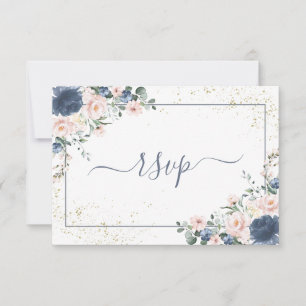 Dusty Blue Blush Pink Gold Floral No Menu RSVP