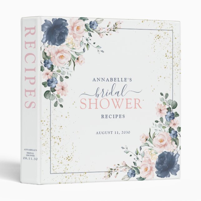 Dusty Blue Blush Pink Gold Floral Recipe 3 Ring Binder (Front/Spine)