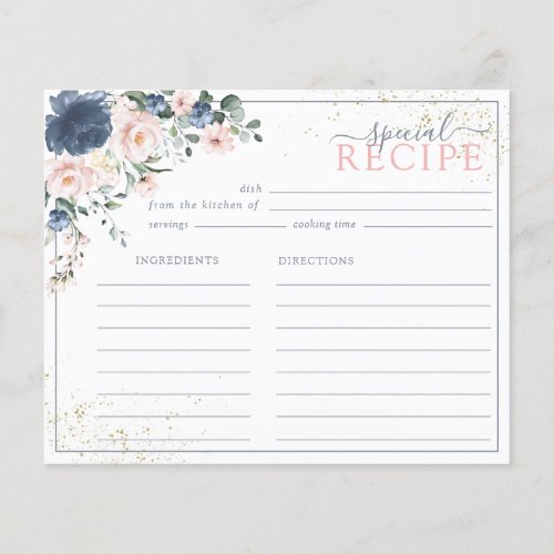Dusty Blue Blush Pink Gold Floral Recipe Card