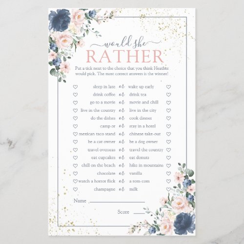 Dusty Blue Blush Pink Gold Floral Shower Game - Modern, elegant bridal shower game "would she rather" featuring trendy dusty blue and blush pink greenery watercolor florals, hand lettered script typography and faux gold dust. print as is or personalize your game questions. Part of a collection suite. Veiw suite here: https://www.zazzle.com/collections/light_dusty_blue_blush_pink_gold_wedding_suite-119156539216388938 Copyright Anaastasi Surridge for Elegant Invites, all rights reserved.