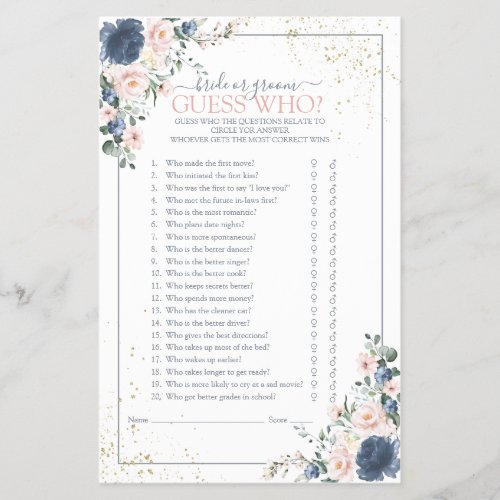 Dusty Blue Blush Pink Gold Floral Shower Game - Modern, elegant bridal shower game "bride or groom guess who" featuring trendy dusty blue and blush pink greenery watercolor florals, hand lettered script typography and faux gold dust. print as is or personalize your game questions. Part of a collection suite. Veiw suite here: https://www.zazzle.com/collections/light_dusty_blue_blush_pink_gold_wedding_suite-119156539216388938 Copyright Anaastasi Surridge for Elegant Invites, all rights reserved.