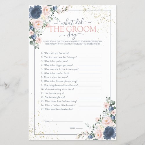 Dusty Blue Blush Pink Gold Floral Shower Game - Modern, elegant bridal shower game "what did the groom say" featuring trendy dusty blue and blush pink greenery watercolor florals, hand lettered script typography and faux gold dust. print as is or personalize your game questions. Part of a collection suite. Veiw suite here: https://www.zazzle.com/collections/light_dusty_blue_blush_pink_gold_wedding_suite-119156539216388938 Copyright Anaastasi Surridge for Elegant Invites, all rights reserved.