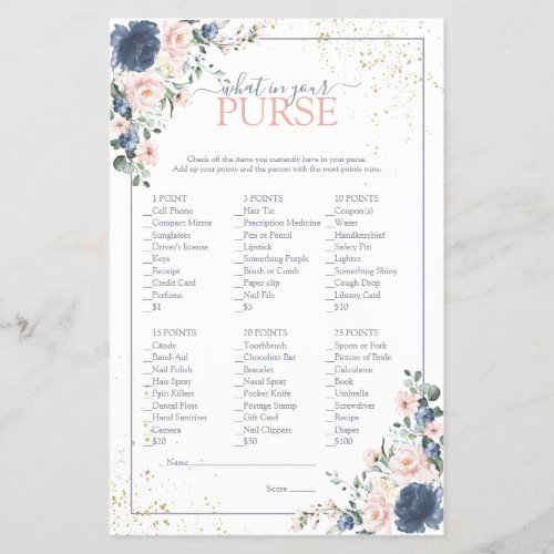 Dusty Blue Blush Pink Gold Floral Shower Game - Modern, elegant bridal shower game "what's in your purse" featuring trendy dusty blue and blush pink greenery watercolor florals, hand lettered script typography and faux gold dust. print as is or personalize your game questions. Part of a collection suite. Veiw suite here: https://www.zazzle.com/collections/light_dusty_blue_blush_pink_gold_wedding_suite-119156539216388938 Copyright Anaastasi Surridge for Elegant Invites, all rights reserved.