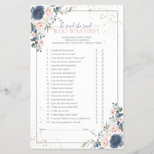 Dusty Blue Blush Pink Gold Floral Shower Game - Modern, elegant bridal shower game "he said she said" featuring trendy dusty blue and blush pink greenery watercolor florals, hand lettered script typography and faux gold dust. print as is or personalize your game questions. Part of a collection suite. Veiw suite here: https://www.zazzle.com/collections/light_dusty_blue_blush_pink_gold_wedding_suite-119156539216388938 Copyright Anaastasi Surridge for Elegant Invites, all rights reserved.