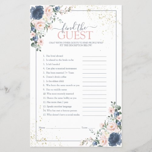 Dusty Blue Blush Pink Gold Floral Shower Game - Modern, elegant bridal shower game "find the guest" featuring trendy dusty blue and blush pink greenery watercolor florals, hand lettered script typography and faux gold dust. print as is or personalize your game questions. Part of a collection suite. Veiw suite here: https://www.zazzle.com/collections/light_dusty_blue_blush_pink_gold_wedding_suite-119156539216388938 Copyright Anaastasi Surridge for Elegant Invites, all rights reserved.