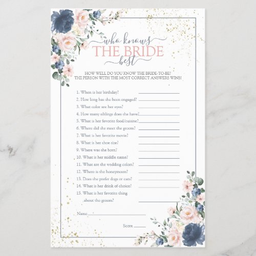 Dusty Blue Blush Pink Gold Floral Shower Game - Modern, elegant bridal shower game "would she rather" featuring trendy dusty blue and blush pink greenery watercolor florals, hand lettered script typography and faux gold dust. print as is or personalize your game questions. Part of a collection suite. Veiw suite here: https://www.zazzle.com/collections/light_dusty_blue_blush_pink_gold_wedding_suite-119156539216388938 Copyright Anaastasi Surridge for Elegant Invites, all rights reserved.