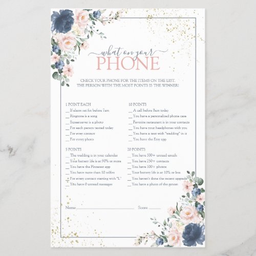 Dusty Blue Blush Pink Gold Floral Shower Game - Modern, elegant bridal shower game "what's on your phone" featuring trendy dusty blue and blush pink greenery watercolor florals, hand lettered script typography and faux gold dust. print as is or personalize your game questions. Part of a collection suite. Veiw suite here: https://www.zazzle.com/collections/light_dusty_blue_blush_pink_gold_wedding_suite-119156539216388938 Copyright Anaastasi Surridge for Elegant Invites, all rights reserved.