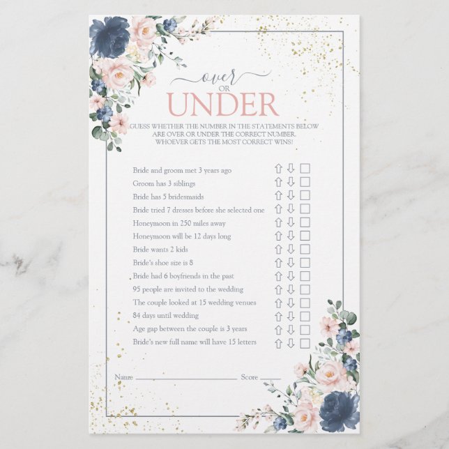 Dusty Blue Blush Pink Gold Floral Shower Game (Front)
