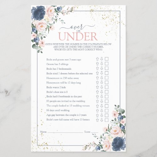 Dusty Blue Blush Pink Gold Floral Shower Game - Modern, elegant bridal shower game "over or under" featuring trendy dusty blue and blush pink greenery watercolor florals, hand lettered script typography and faux gold dust. print as is or personalize your game questions. Part of a collection suite. Veiw suite here: https://www.zazzle.com/collections/light_dusty_blue_blush_pink_gold_wedding_suite-119156539216388938 Copyright Anaastasi Surridge for Elegant Invites, all rights reserved.