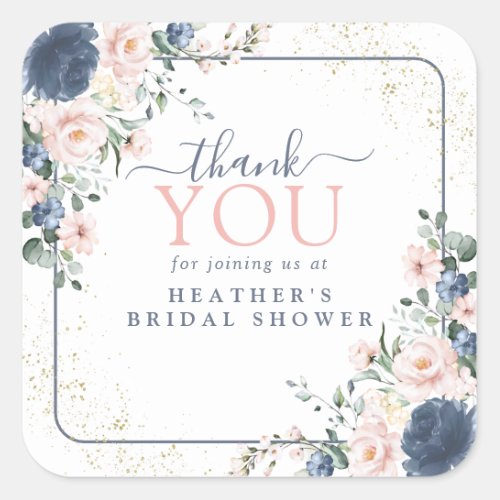 Dusty Blue Blush Pink Gold Floral Shower Thank You Square Sticker