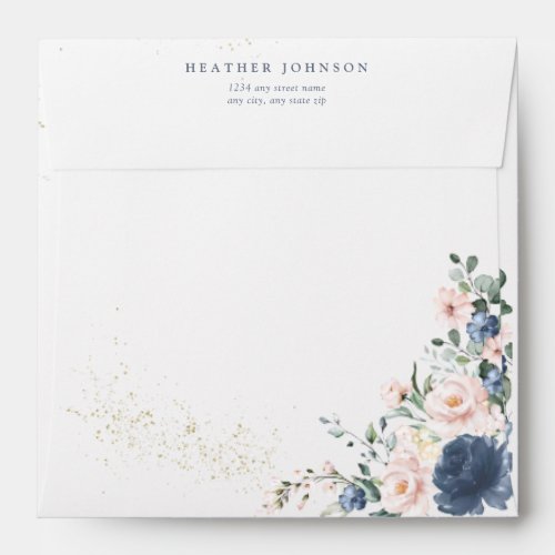 Dusty Blue Blush Pink Gold Floral Square Shower Envelope