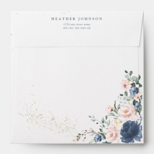 Dusty Blue Blush Pink Gold Floral Square Shower Envelope - So pretty!!! Create the perfect bridal shower envelope with this trendy dusty blue and blush pink greenery watercolor floral and faux gold dust design. Copyright Elegant Invites, all rights reserved.