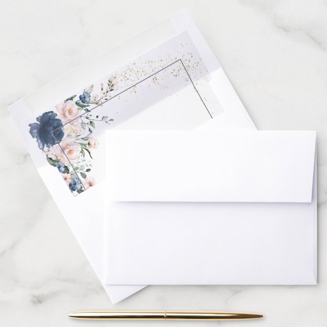 Dusty Blue Blush Pink Gold Floral Square Shower Envelope Liner (Desk)