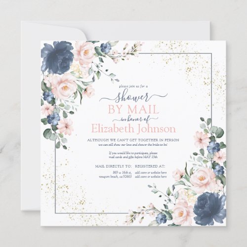 Dusty Blue Blush Pink Gold Floral Square Shower In Invitation - So pretty!!! Create the perfect shower by mail invitation with this trendy dusty blue and blush pink greenery watercolor floral design, featuring hand lettered script typography and faux gold dust. Copyright Elegant Invites, all rights reserved.