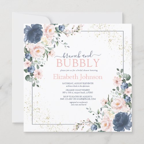 Dusty Blue Blush Pink Gold Floral Square Shower In Invitation - So pretty!!! Create the perfect bridal shower "brunch & bubbly" invitation with this trendy dusty blue and blush pink greenery watercolor floral design, featuring hand lettered script typography and faux gold dust. Copyright Elegant Invites, all rights reserved.