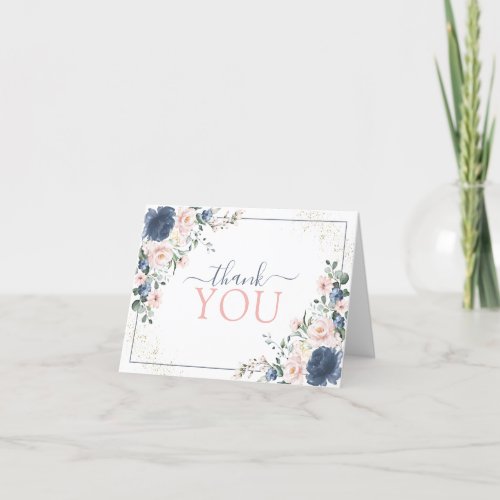 Dusty Blue Blush Pink Gold Floral Thank You - Designed to coordinate with my bestselling bridal shower invitation, this pretty Thank You card features dusty blue and blush pink watercolor florals, hand lettered script typography and faux gold dust. The inside is intentionally left blank, so you can hand write your personal message of thanks. Part of a coordinated suite. See full collection here: https://www.zazzle.com/collections/light_dusty_blue_blush_pink_gold_bridal_shower-119382468673252777 Contact designer for additional products. Copyright Elegant Invites, all rights reserved.. The inside is intentionally left blank, so you can hand write your personal message of thanks. Copyright Elegant Invites, all rights reserved.