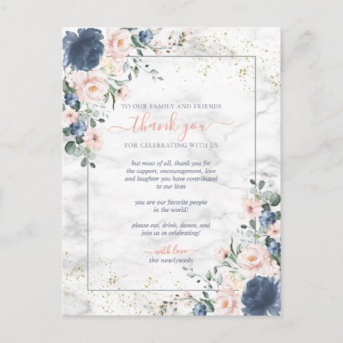 Dusty Blue Blush Pink Gold Floral Wedding Thanks Postcard