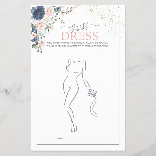 Dusty Blue Blush Pink Gold Guess The Dress Game - Modern, elegant bridal shower game "guess the dress" featuring trendy dusty blue and blush pink greenery watercolor florals, hand lettered script typography and faux gold dust. print as is or personalize your game questions. Part of a collection suite. Veiw suite here: https://www.zazzle.com/collections/light_dusty_blue_blush_pink_gold_wedding_suite-119156539216388938 Copyright Anaastasi Surridge for Elegant Invites, all rights reserved.