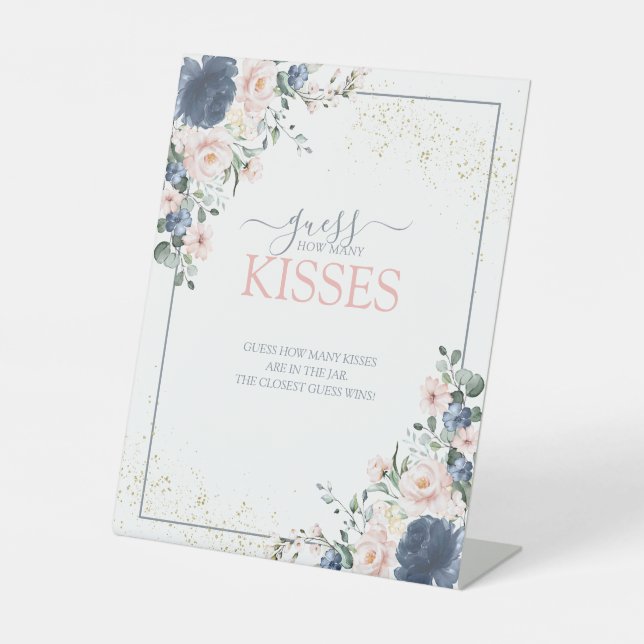 Dusty Blue Blush Pink Gold How Many Kisses Pedestal Sign (Front)