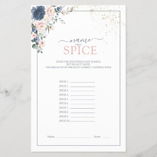 Dusty Blue Blush Pink Gold Name That Spice Game - Modern, elegant bridal shower game "name that spice" featuring trendy dusty blue and blush pink greenery watercolor florals, hand lettered script typography and faux gold dust. print as is or personalize your game questions. Part of a collection suite. Veiw suite here: https://www.zazzle.com/collections/light_dusty_blue_blush_pink_gold_wedding_suite-119156539216388938 Copyright Anaastasi Surridge for Elegant Invites, all rights reserved.