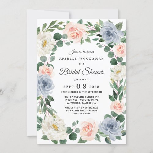 Dusty Blue Blush Pink Peach Floral Bridal Shower Invitation